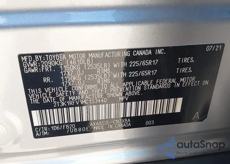 2021 Toyota Rav4 Le из США, поврежденный, VIN 2T3K1RFV1MC153440